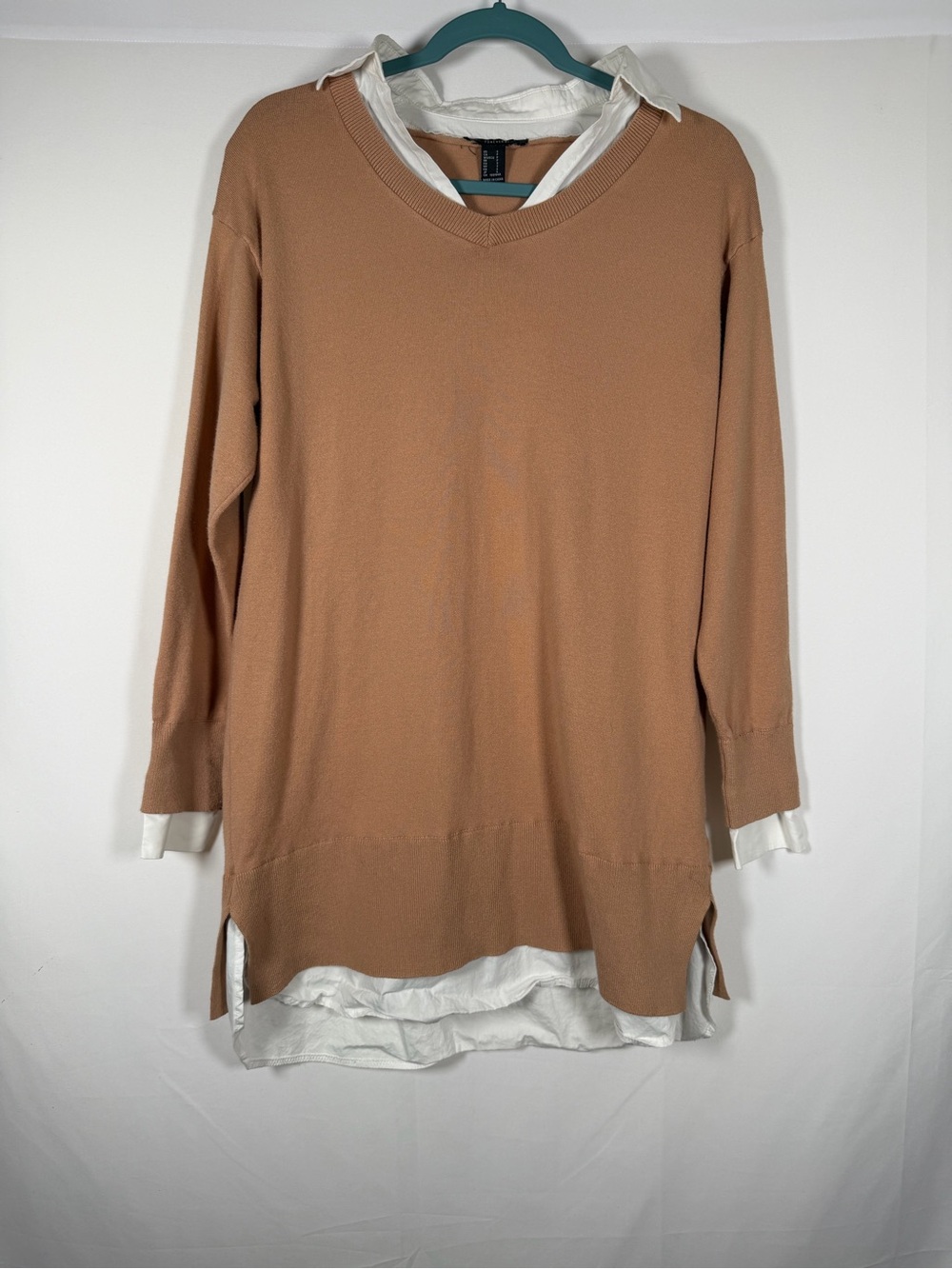 Y2K Preppy Tan Layered-Look V-Neck Sweater Dress - Old money, Academia